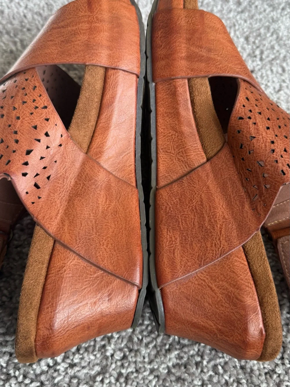 Natural Reflections Warm Tan Leather Perforated Cross-Strap Slingback Sandals